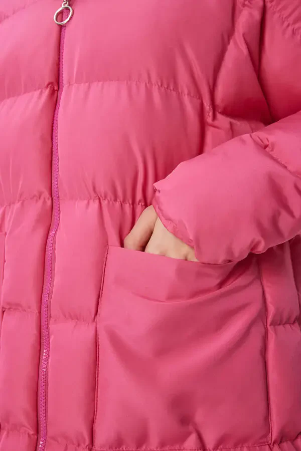 Women's Pink Hooded Oversized Long Puffer Jacket NT - 6