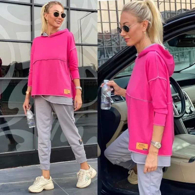Women's Pink Hooded Skirt Hem Detail Crest Reverse Stitch Appearance Two-Piece Set - 3