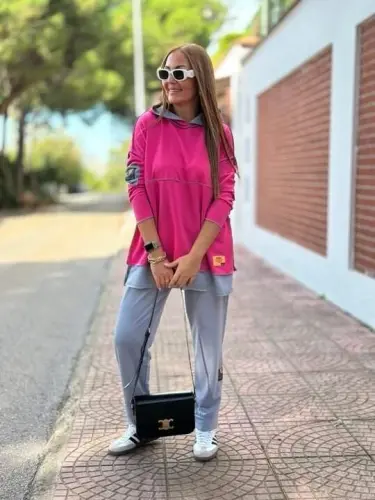 Women's Pink Hooded Skirt Hem Detail Crest Reverse Stitch Appearance Two-Piece Set - 9