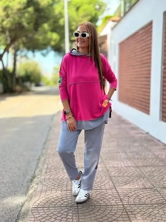 Women's Pink Hooded Skirt Hem Detail Crest Reverse Stitch Appearance Two-Piece Set - 10
