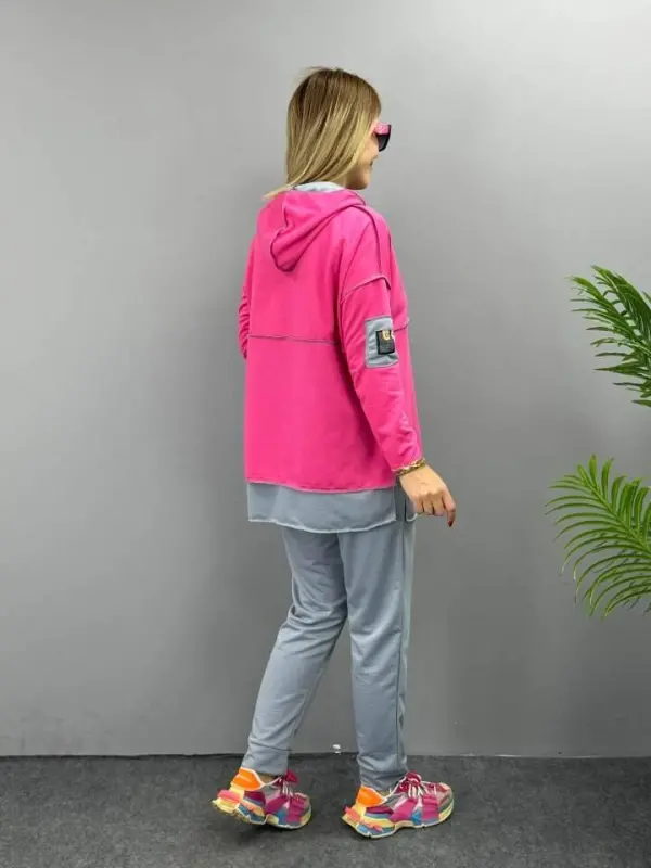 Women's Pink Hooded Skirt Hem Detail Crest Reverse Stitch Appearance Two-Piece Set - 13