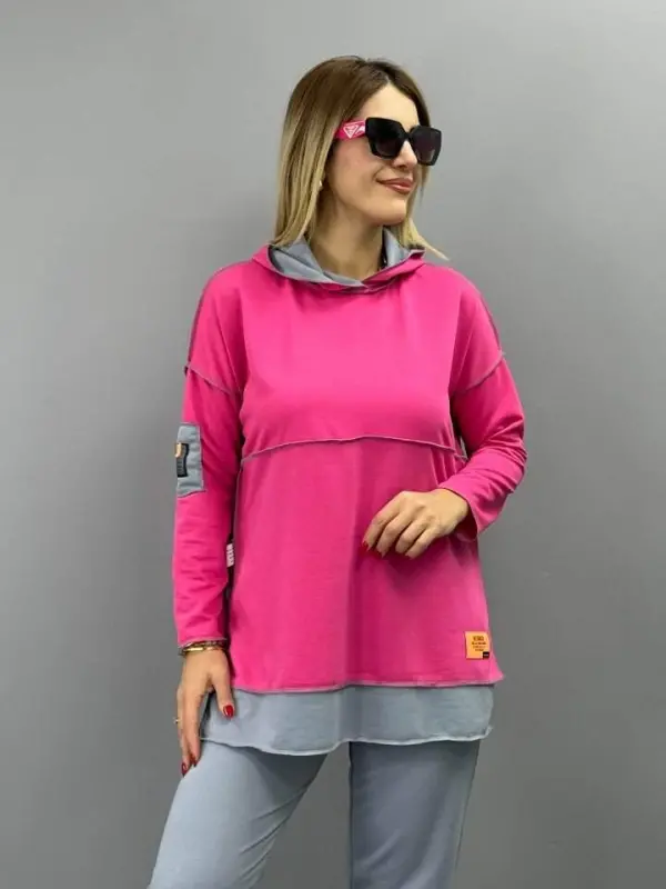 Women's Pink Hooded Skirt Hem Detail Crest Reverse Stitch Appearance Two-Piece Set - 14