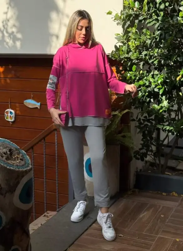 Women's Pink Hoodie Skirt Hem Detail Crest Reverse Stitch Look Two Piece Set - 4