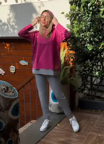 Women's Pink Hoodie Skirt Hem Detail Crest Reverse Stitch Look Two Piece Set - 5