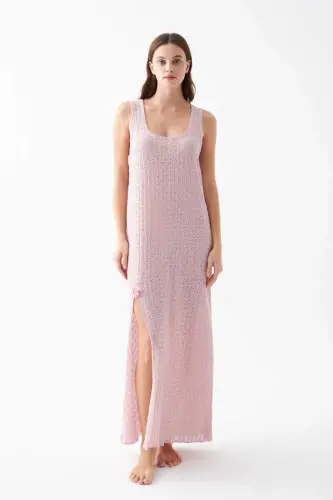 Women's Pink Lace Textured Slit Long Nightgown - 2