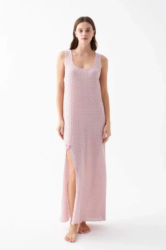 Women's Pink Lace Textured Slit Long Nightgown - 2
