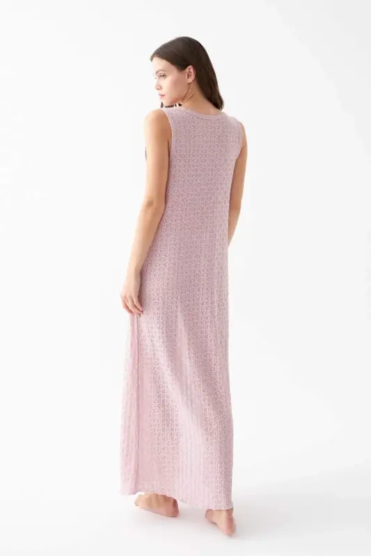 Women's Pink Lace Textured Slit Long Nightgown - 4
