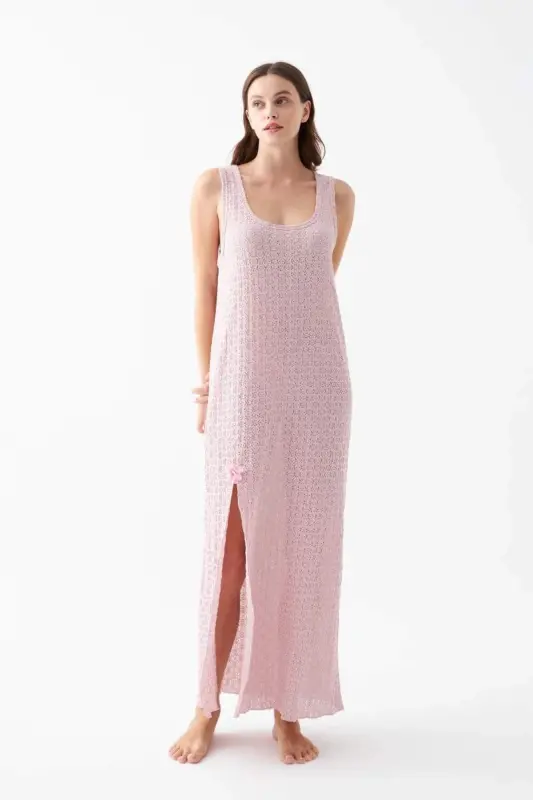 Women's Pink Lace Textured Slit Long Nightgown - 1
