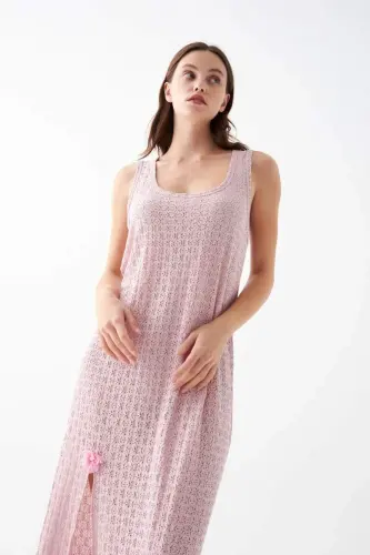 Women's Pink Lace Textured Slit Long Nightgown - 3