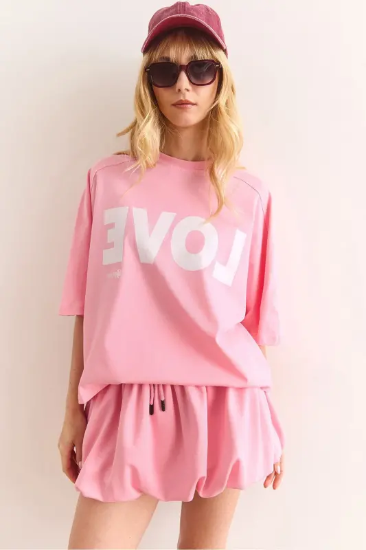 Women's Pink Love Printed Balloon Skirt Cotton Set - OLALOOK