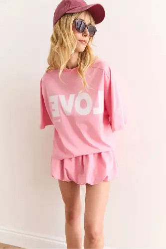 Women's Pink Love Printed Balloon Skirt Cotton Set - 5