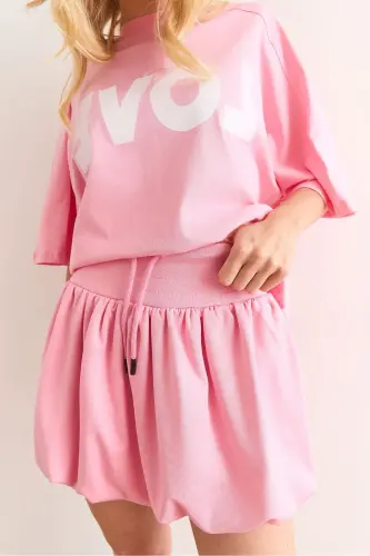 Women's Pink Love Printed Balloon Skirt Cotton Set - 7