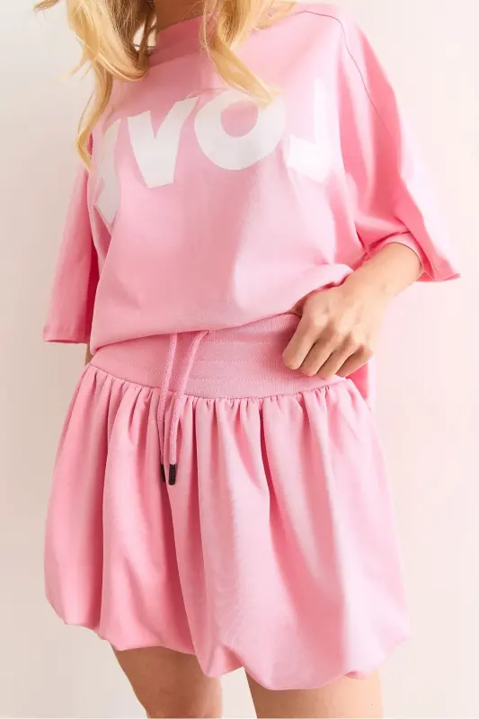 Women's Pink Love Printed Balloon Skirt Cotton Set - 7