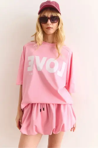 Women's Pink Love Printed Balloon Skirt Cotton Set - 1