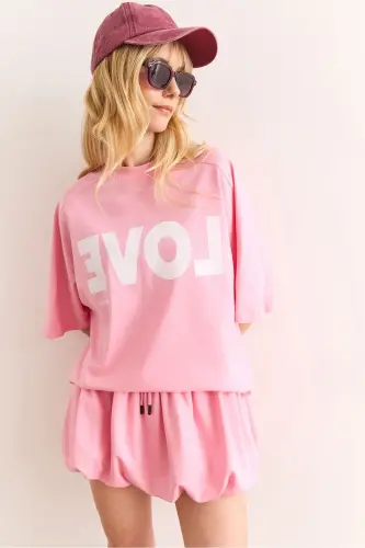 Women's Pink Love Printed Balloon Skirt Cotton Set - 3