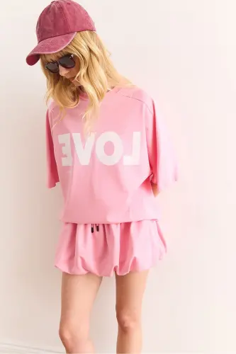 Women's Pink Love Printed Balloon Skirt Cotton Set - 4