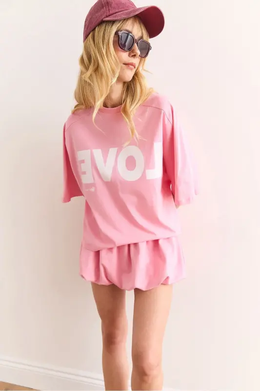 Women's Pink Love Printed Balloon Skirt Cotton Set - 5