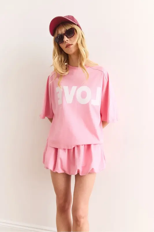 Women's Pink Love Printed Balloon Skirt Cotton Set - 6