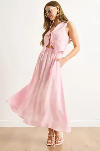 Women's Pink Modal Top Embroidered Vest Skirt with Bottom Pockets - 1