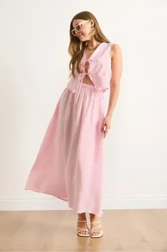 Women's Pink Modal Top Embroidered Vest Skirt with Bottom Pockets - 2