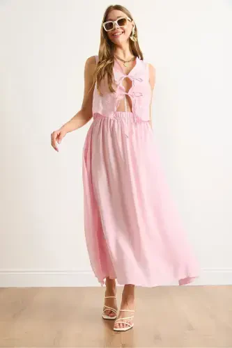 Women's Pink Modal Top Embroidered Vest Skirt with Bottom Pockets - 3