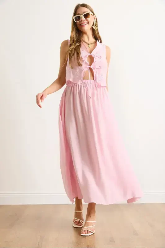 Women's Pink Modal Top Embroidered Vest Skirt with Bottom Pockets - 3