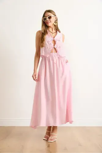 Women's Pink Modal Top Embroidered Vest Skirt with Bottom Pockets - 5