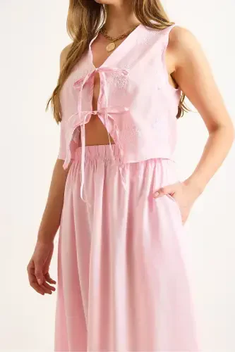 Women's Pink Modal Top Embroidered Vest Skirt with Bottom Pockets - 6