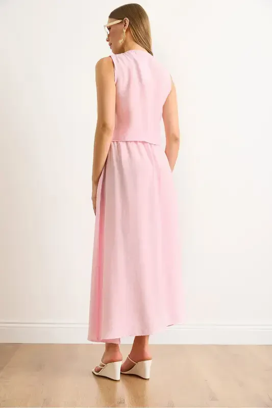 Women's Pink Modal Top Embroidered Vest Skirt with Bottom Pockets - 7