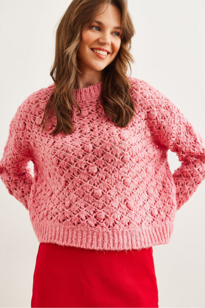 Women's Pink Openwork Pompom Soft Textured Knitted Sweater KZK-19000935 
