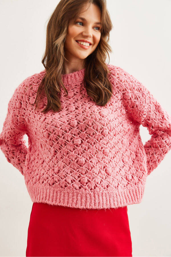 Women's Pink Openwork Pompom Soft Textured Knitted Sweater KZK-19000935 - 1