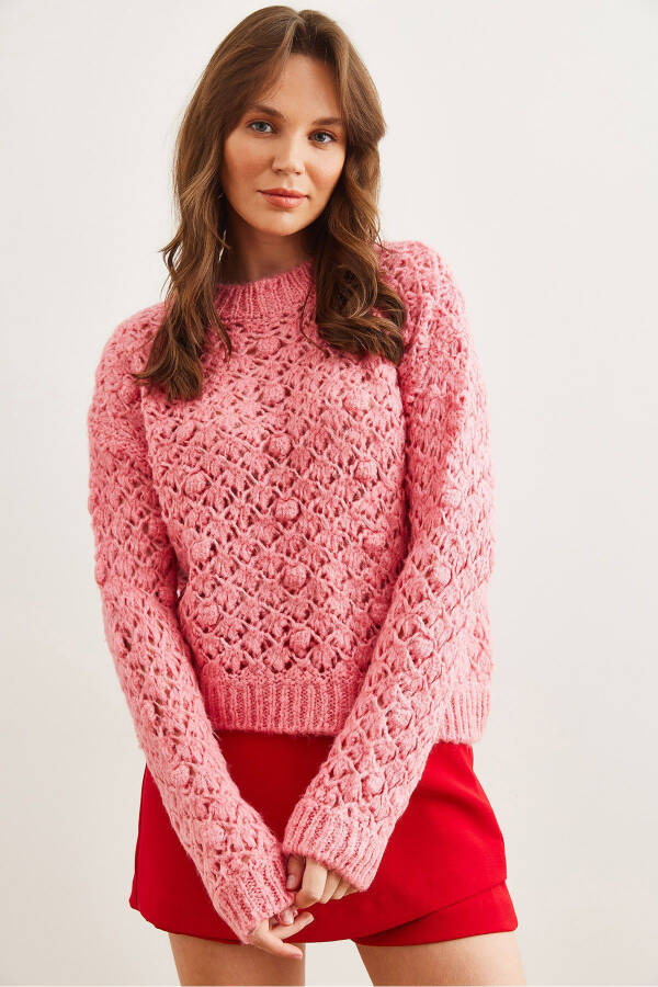 Women's Pink Openwork Pompom Soft Textured Knitted Sweater KZK-19000935 - 2