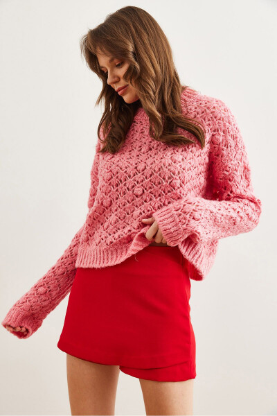 Women's Pink Openwork Pompom Soft Textured Knitted Sweater KZK-19000935 - 4