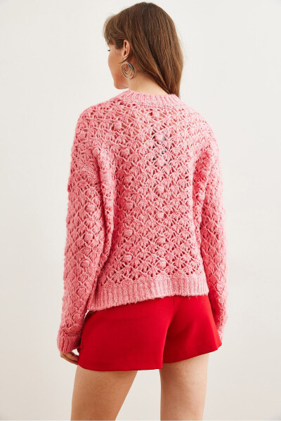 Women's Pink Openwork Pompom Soft Textured Knitted Sweater KZK-19000935 - 6