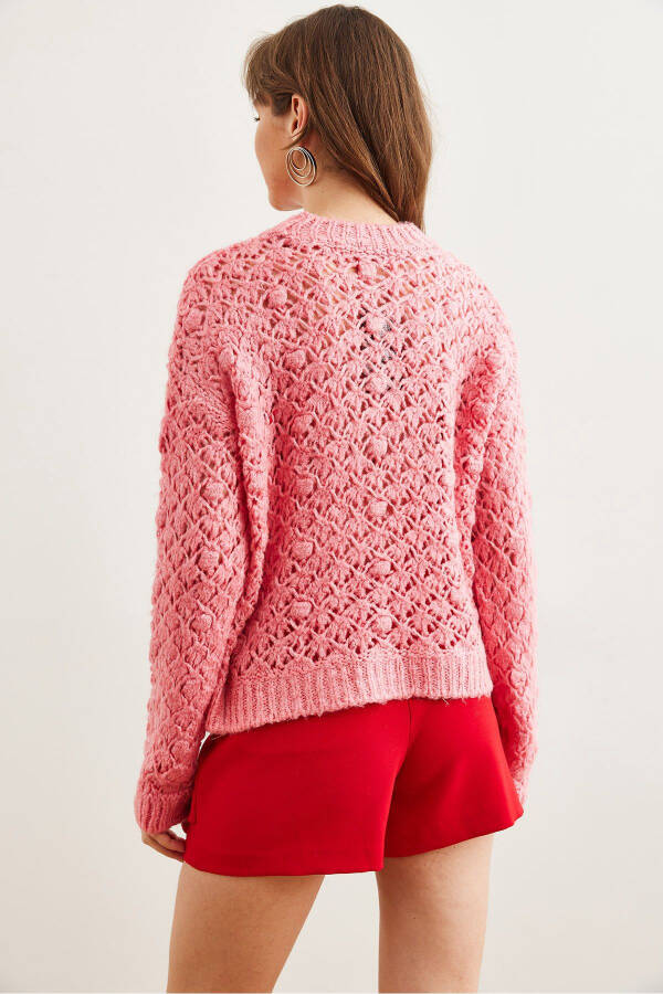 Women's Pink Openwork Pompom Soft Textured Knitted Sweater KZK-19000935 - 6
