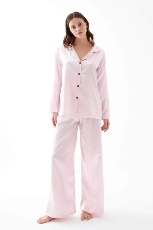 Women's Pink Oversize Satin Pajamas Set - BÜYÜKBEDENIZ