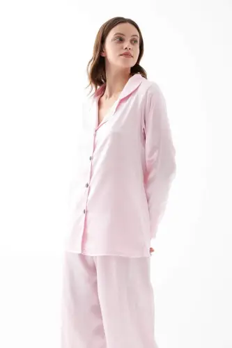 Women's Pink Oversize Satin Pajamas Set - BÜYÜKBEDENIZ (1)