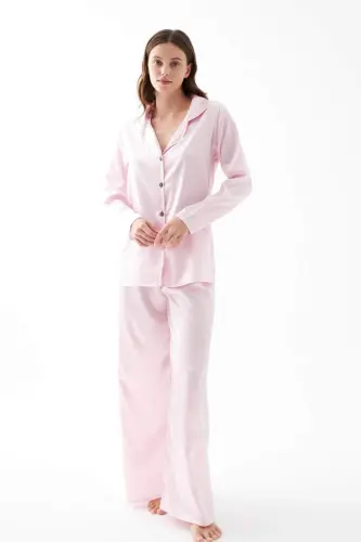 Women's Pink Oversize Satin Pajamas Set - 3
