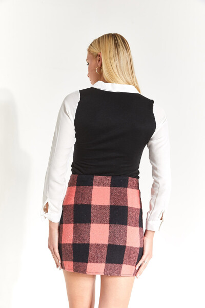 Women's Pink Plaid Stitched Slit Mini Skirt - 8