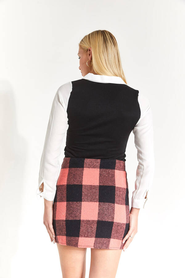 Women's Pink Plaid Stitched Slit Mini Skirt - 8
