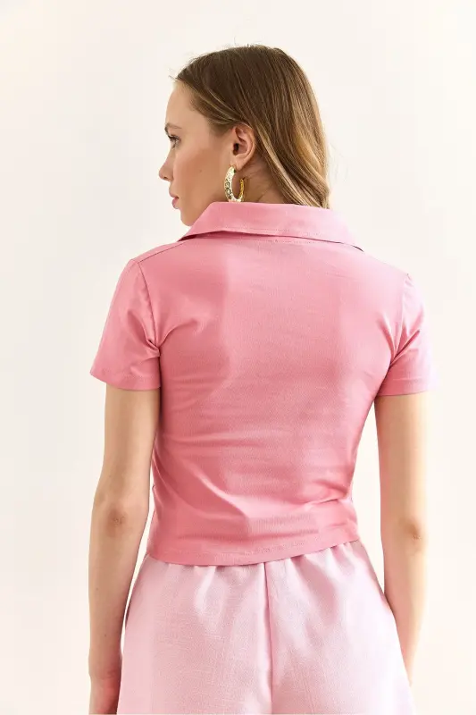 Women's Pink Polo Collar Teddy Bear Embroidered Crop T-Shirt T - 5