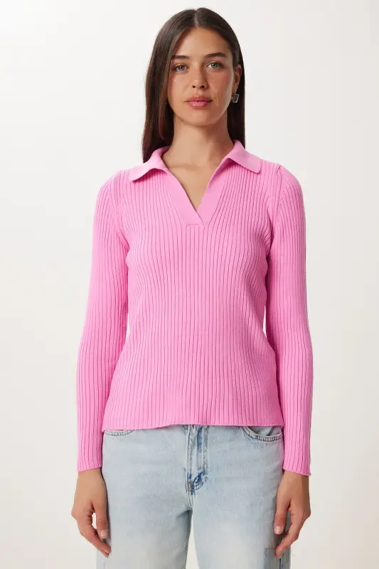 Women's Pink Polo Neck Ribbed Knitted Sweater VA00028 - 3