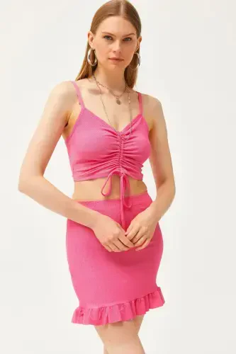 Women's Pink Ruched Blouse & Mini Skirt Set T - 3