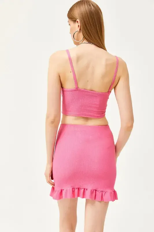 Women's Pink Ruched Blouse & Mini Skirt Set T - 4