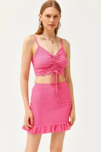 Women's Pink Ruched Blouse & Mini Skirt Set T 