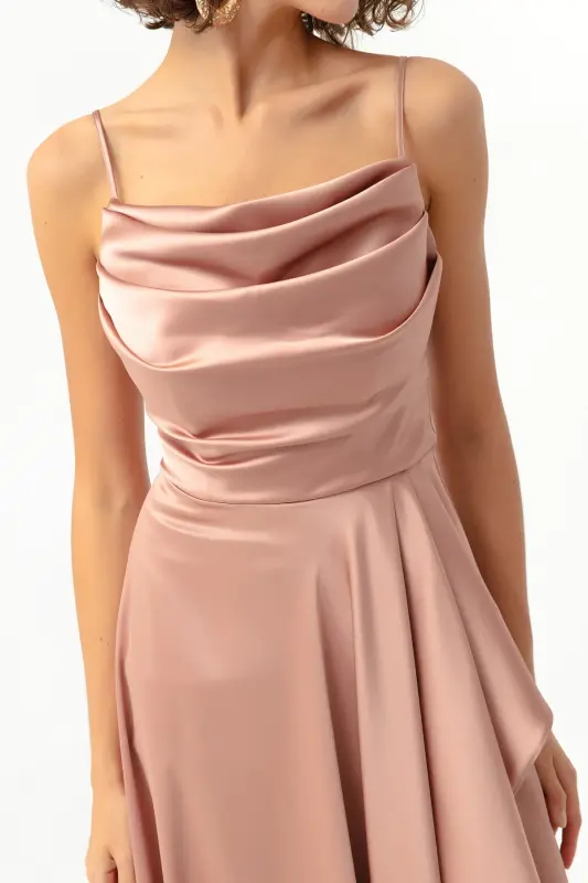 Women's Pink Ruffled Slit Satin Evening & Graduation Dress-Pink - 3