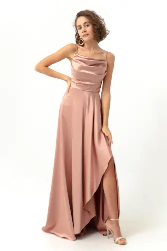 Women's Pink Ruffled Slit Satin Evening & Graduation Dress-Pink - 4