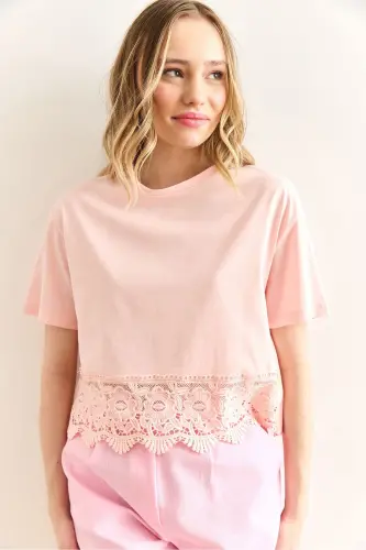 Women's Pink Skirt Lace Detailed T-Shirt TSH-1900087 - 2