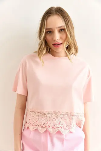 Women's Pink Skirt Lace Detailed T-Shirt TSH-1900087 - 3