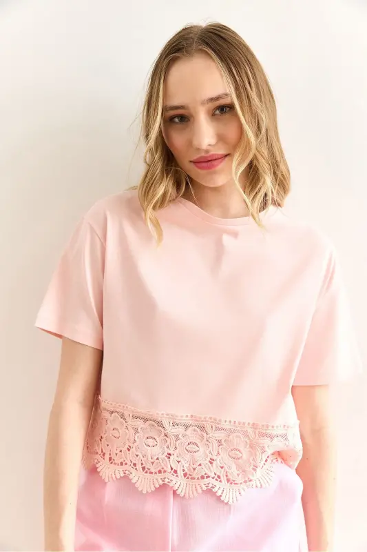 Women's Pink Skirt Lace Detailed T-Shirt TSH-1900087 - 4